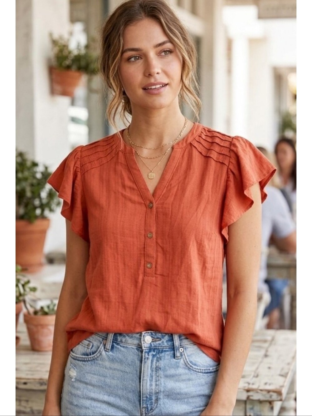 Knox Rose Deep V-neck Flutter Sleeve top Pumpkin Spice Size XS